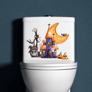 Halloween Moon Castle Pumpkin Bat Toilet Wall Sticker PVC Watercolor Ghost Castle Decal For Home Party Decoration