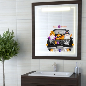 Stickers Halloween gnomes et camion citrouille sur un miroir de salle de bain rétroéclairé