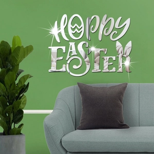 Detail of silver mirror acrylic wall decal with Hoppy Easter text and bunny ears