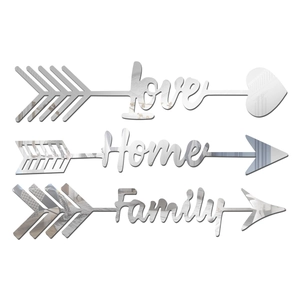 Three-piece silver acrylic mirror wall stickers with Love Home and Family arrow designs