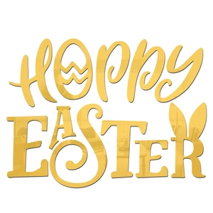 Detail of golden acrylic mirror wall sticker with Happy Easter lettering and rabbit ears