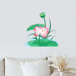 Elegant lotus flower wall sticker with green leaves for home living room decor
