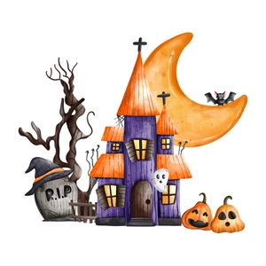 Halloween wall sticker featuring purple castle, crescent moon and watercolor pumpkins