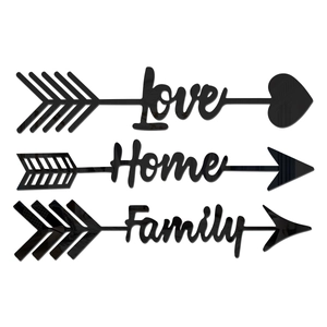 Detail of mirror acrylic wall stickers featuring Home, Family, and Love arrow designs