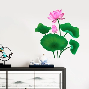 Pink lotus flower wall decal with green leaves for Zen bedroom and living room decor