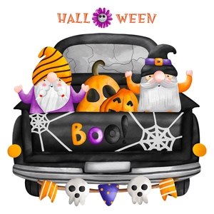 Sticker Halloween avec camion vintage noir, gnomes et citrouilles au style aquarelle