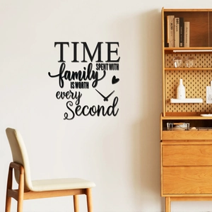 Sticker mural miroir 3D avec citation famille et aiguilles d'horloge décoratives