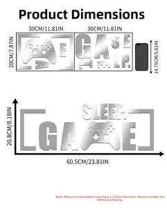 Detailed dimension guide for 3D mirror game controller and letters acrylic wall stickers