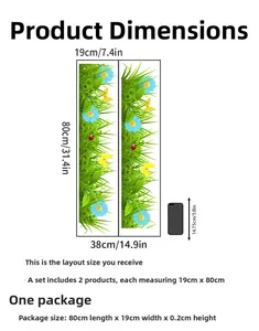 Size specifications for grass wall stickers with blue daisies and butterfly patterns