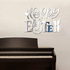 Silver 3D acrylic mirror wall sticker with Happy Easter text and bunny ear design