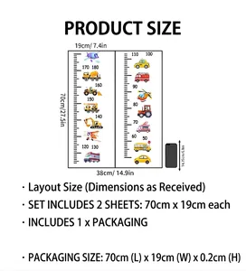Detail view of cartoon vehicle height chart stickers with layout dimensions and scale
