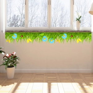 Green grass wall decal with flowers and butterflies for living room home decoration