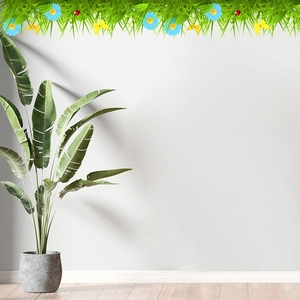 Cartoon grass wall border sticker with daisies and ladybugs for home decor