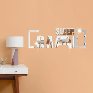 Silver mirror acrylic game wall sticker with controller silhouette and SLEEP GAME text
