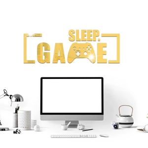 Golden mirror acrylic wall sticker featuring SLEEP and GAME text with gamepad silhouette