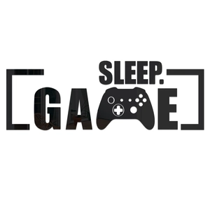 Detail of black mirror acrylic wall sticker featuring SLEEP and GAME text with gamepad icon