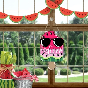 Watermelon popsicle welcome door sign with rope hanger for summer home decoration