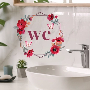 Floral WC wall sticker with red flowers and butterflies in a modern bathroom setting