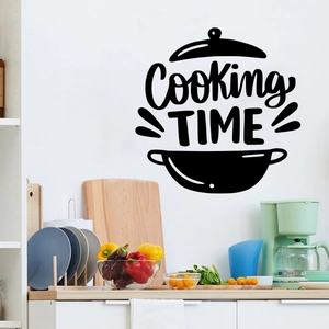 Macro view of Cooking TIME kitchen wall decal with pot silhouette on modern kitchen wall