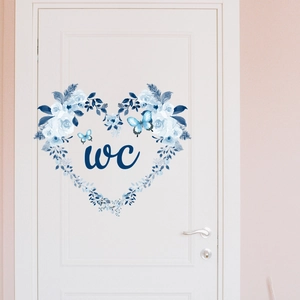 Sticker mural couronne de fleurs bleues en cœur avec lettrage WC pour porte de toilette