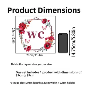 Detailed dimensions of red flower butterfly WC wall sticker in 27x29cm layout size