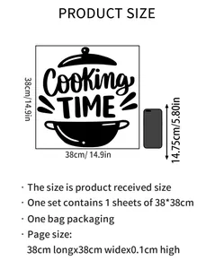 Detailed product size chart for kitchen wall sticker showing dimensions of 38x38cm
