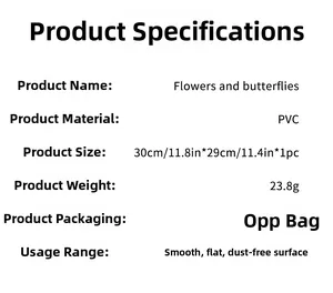 Detailed product specifications for PVC floral and butterfly wall stickers in black and white