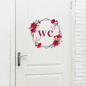Floral red flower and pink butterfly WC restroom wall sticker for bathroom door decor