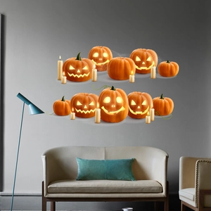Detailed Halloween wall decals featuring glowing Jack-o'-lanterns and candles for home decor