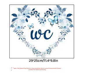 Sticker mural cœur floral bleu avec papillons et texte WC, taille 29x25 cm
