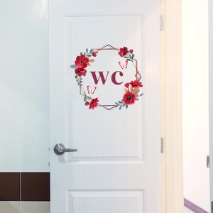 Floral WC wall sticker with red flowers and pink butterflies for bathroom door decor