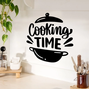 Black vinyl kitchen wall decal featuring a Cooking TIME design with a pot silhouette