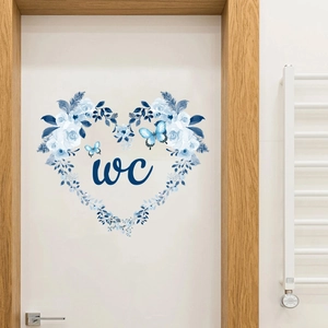 Sticker mural cœur floral bleu avec lettrage WC pour déco de porte de salle de bain
