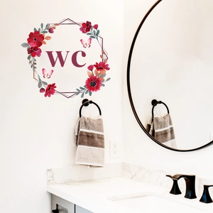 Floral WC wall sticker with red flowers and pink butterflies for bathroom decor