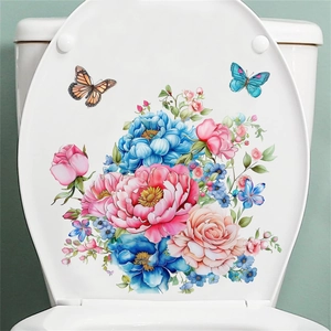 Colorful floral toilet lid decals featuring peonies and butterflies for home decoration