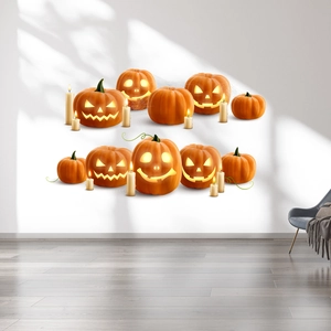 Halloween pumpkin face stickers and white candles wall decals for home room decoration