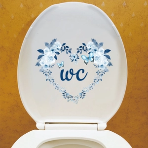 Sticker WC couronne de fleurs bleues en cœur avec papillons pour décor de toilettes