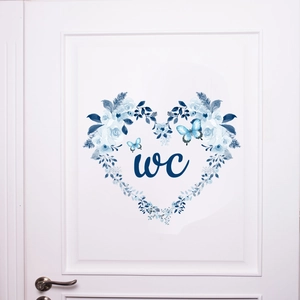 Autocollant Mural WC Cœur de Fleurs Bleues et Papillon PVC Imperméable Autocollant de Porte de Toilette Décoration Maison