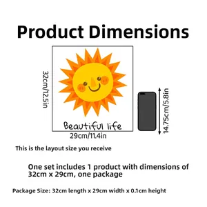 Detail showing 32x29cm sun smile wall sticker dimensions and beautiful life text