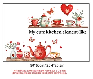 Détails des stickers muraux Tea Party 90x65cm avec théière rouge et motifs de cœurs floraux