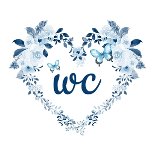 Sticker mural couronne de fleurs bleues aquarelle en cœur avec papillons et lettrage WC