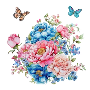 Floral butterfly wall stickers with pink peonies and blue butterflies for home decoration