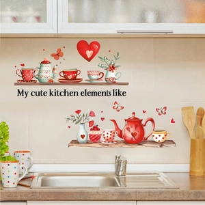 Stickers muraux tasse à thé coeur créatifs pour décoration de cuisine chaleureuse