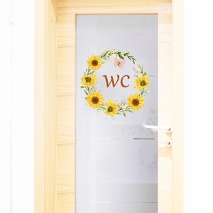 Autocollant de porte WC floral avec tournesols jaunes et papillon pour la salle de bain