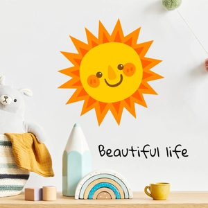 Smiling sun wall sticker with Beautiful Life lettering for vibrant kids room decor