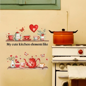 Stickers muraux théière et tasse rouges avec motifs de cœurs et fleurs pour la cuisine