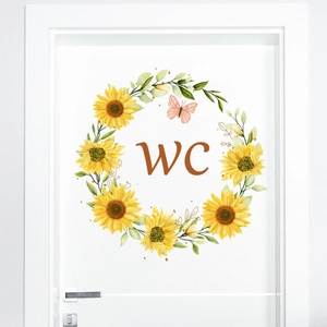 Sticker Mural Signe WC Couronne de Tournesol PVC Imperméable Papillon Décalcomanie Florale pour Décor de Porte de Toilettes