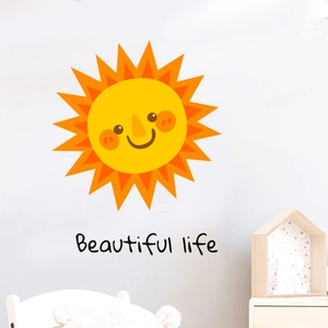 Cartoon Smiling Sun Wall Sticker Decorative PVC Decal With Beautiful Life Lettering For Kids Room Bedroom Living Room Nursery Home Decoration