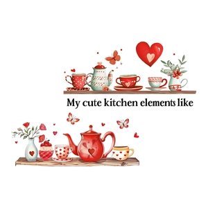 Stickers muraux tea party créatifs avec tasses à cœur rouge et vase sur étagères bois