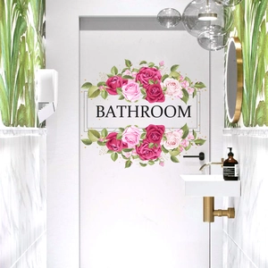 Floral bathroom door decal with pink roses and text for home interior decoration